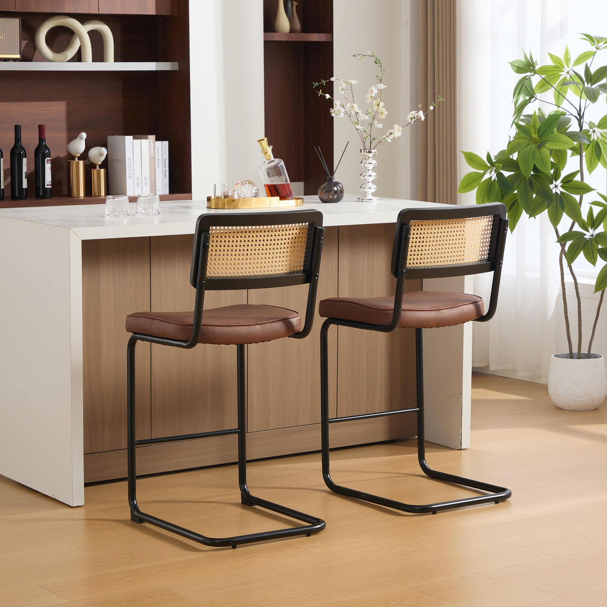 BARHOCKER DE-36899 2er-Set mit Holzrahmen und Rattan-Optik Braun - Braun, Metall (53.5/98/47cm) - ComfortXL