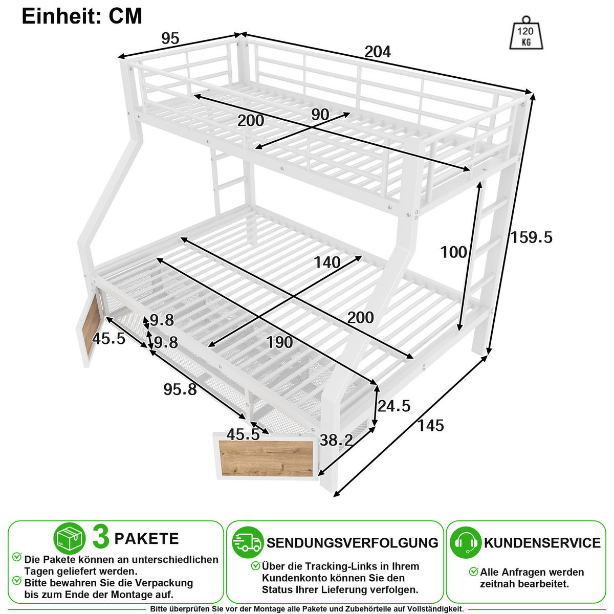 ETAGENBETT 90/200 cm & 140/200 cm in Weiß mit Schuhschrank, Staufächern und Leiter - Weiß, Holzwerkstoff/Metall (90/200cm) - CHICFURN
