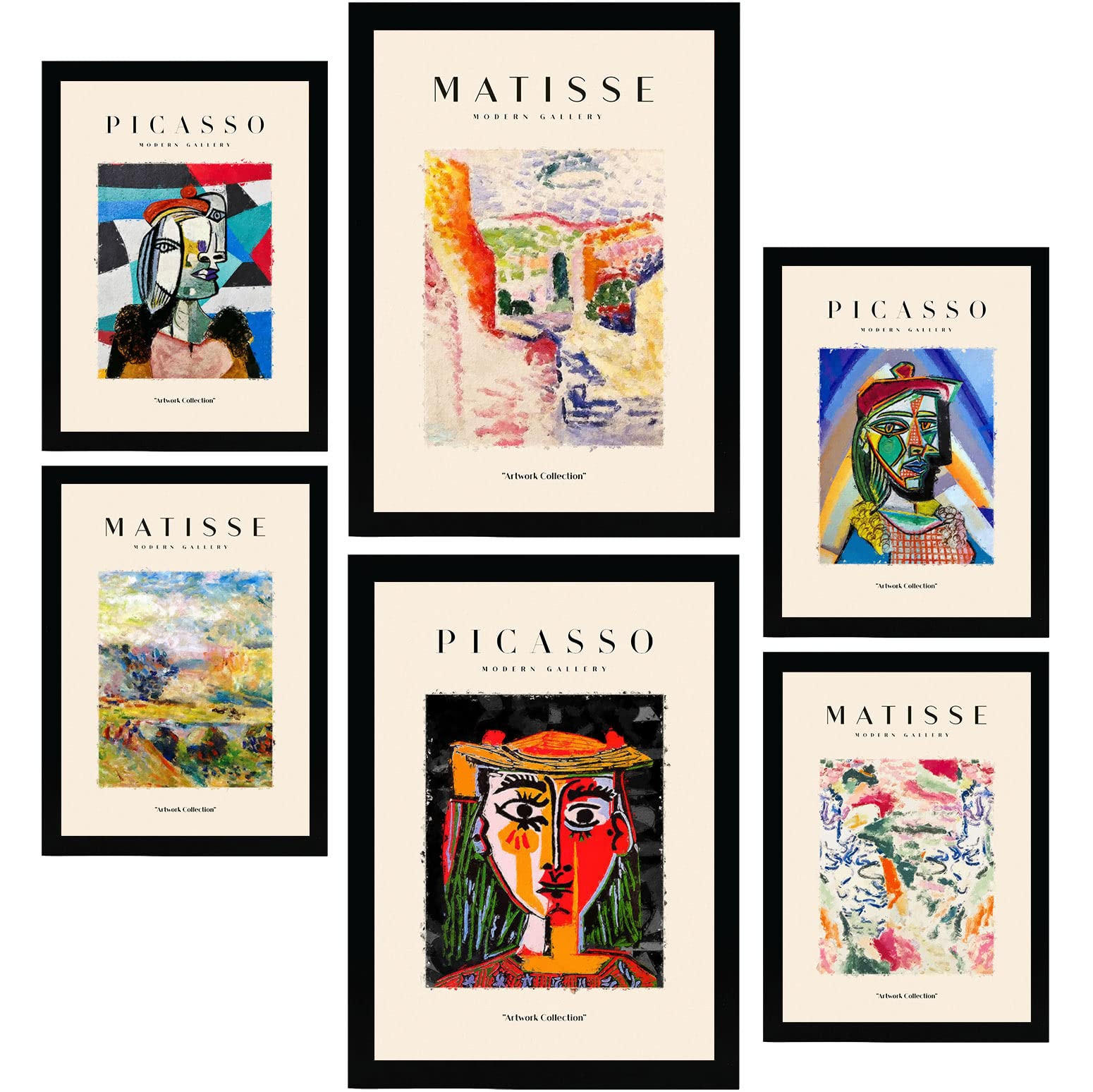 POSTER Set Mit 6 Von Picasso Und Matisse Letztes Jahrhundert Drucke Des Fauvismus Und Surrealismus Für Innenarchitektur A3 & A4 Schwarzer Rahmen - Schwarz, Papier (29/3cm) - Nacnic