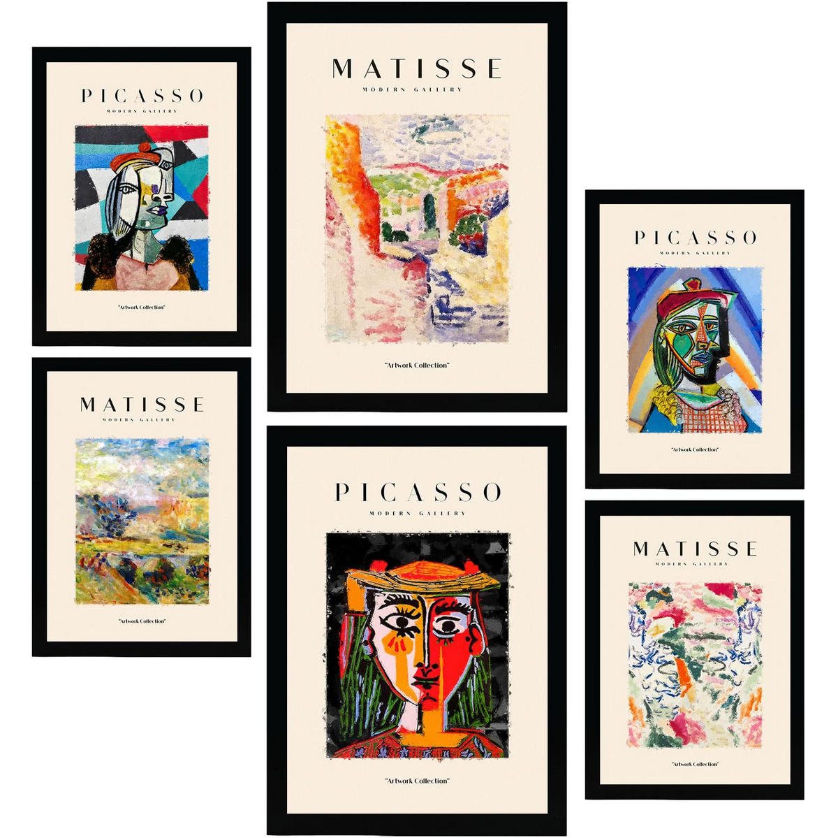 POSTER Set Mit 6 Von Picasso Und Matisse Letztes Jahrhundert Drucke Des Fauvismus Und Surrealismus Für Innenarchitektur A3 & A4 Schwarzer Rahmen - Schwarz, Papier (29/3cm) - Nacnic