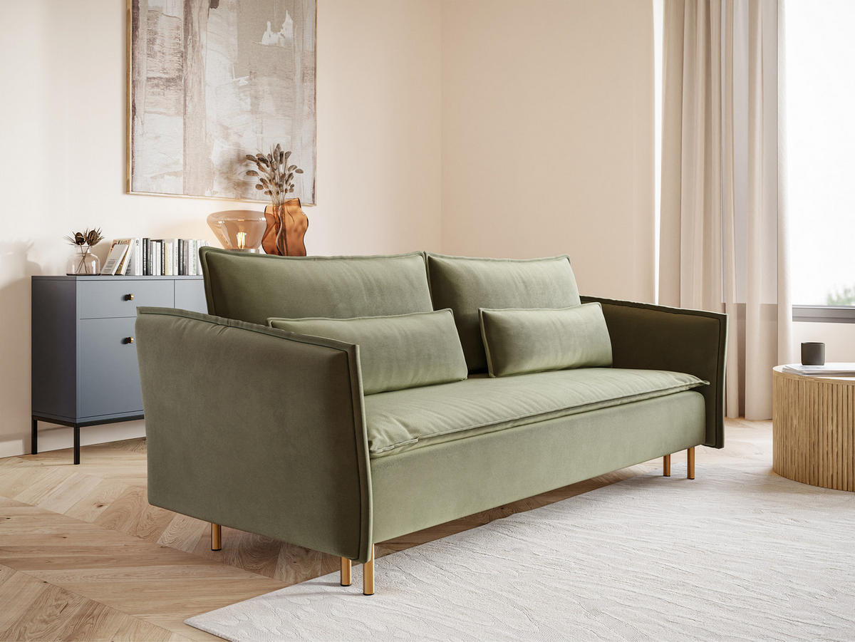 SCHLAFSOFA Ummo Salbeigrün Velours - Salbeigrün/Goldfarben, Textil/Metall (230/88/90cm) - Selsey