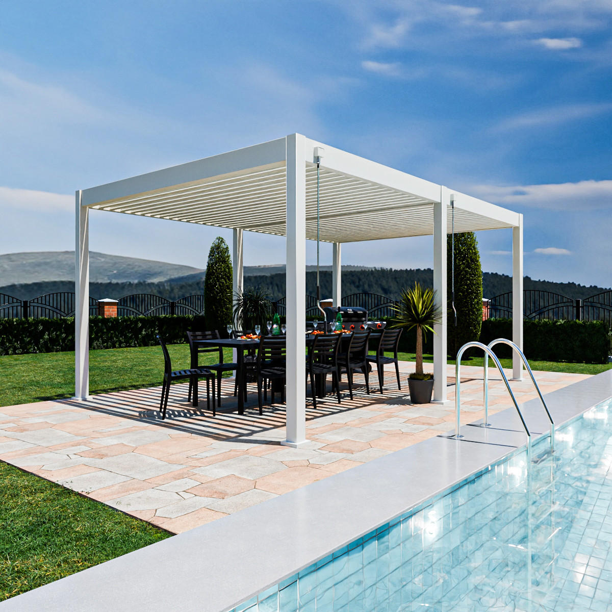 PERGOLA Terrassenüberdachung Superior Aluminium freistehend | 3,6 x 5,3 M | Lamellendach weiß - Weiß, Metall (530/255/360cm) - PergoLine