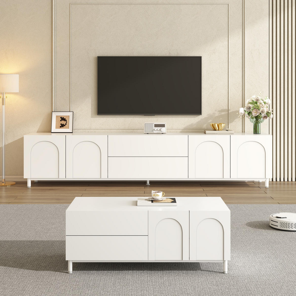 TV-RACK 2tlg. Wohnzimmerset 180cm +Couchtisch BogenmusterTüren Weiß - Weiß, Holz (54.99/13/110.01cm) - Raelunyi