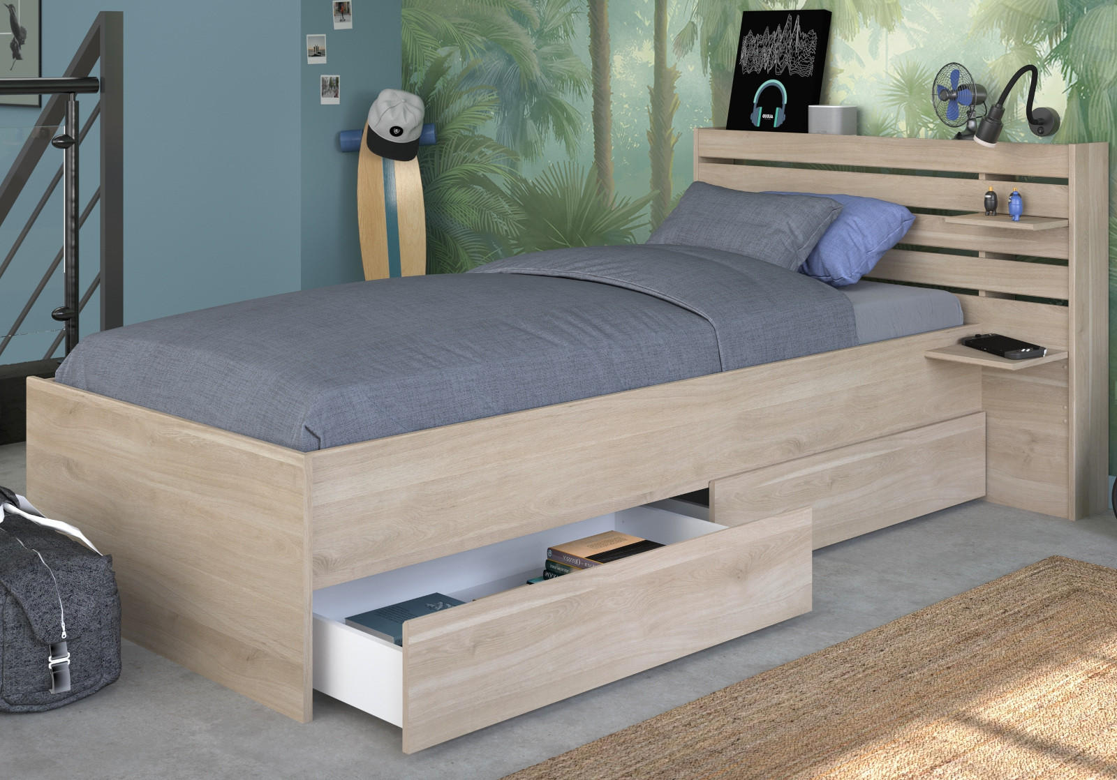 STAURAUMBETT Jugendzimmer Bett 90 x 200 mit 2 x Bettschubkasten - Eichefarben, Holz/Holzwerkstoff (200/90cm) - Parisot Meuble