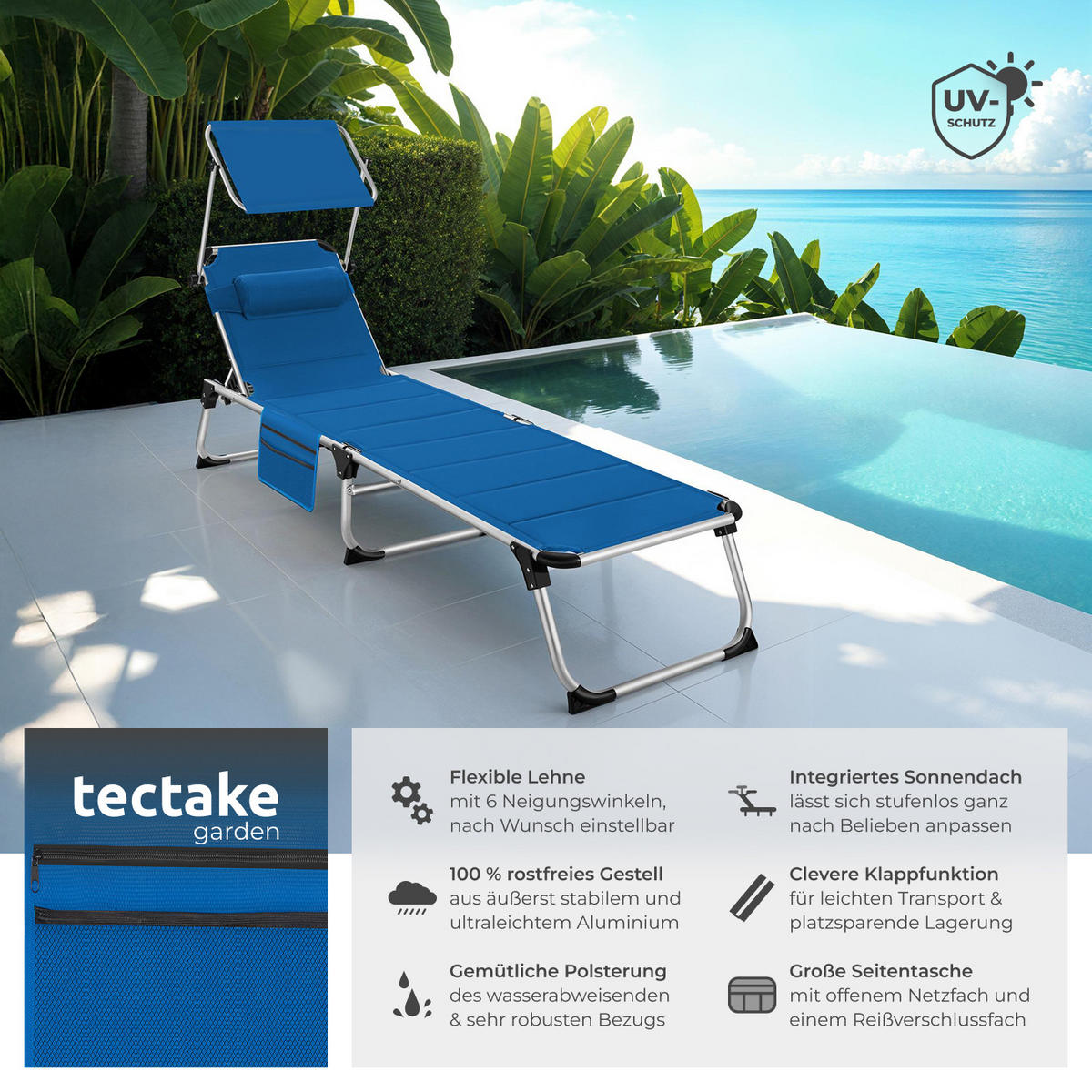 SONNENLIEGE Lorella,220 x 60,5 x 34 cm, mit Seitentasche ,blau - Blau, Kunststoff (60.5/115/200cm) - tectake