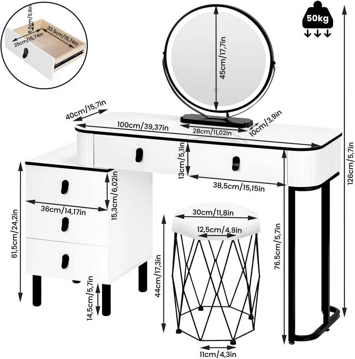 SCHMINKTISCH mit Hocker, Spiegel mit LED, Weiß + Schwarz - Schwarz/Weiß, Glas/Holz (100/126/40cm) - Woltu
