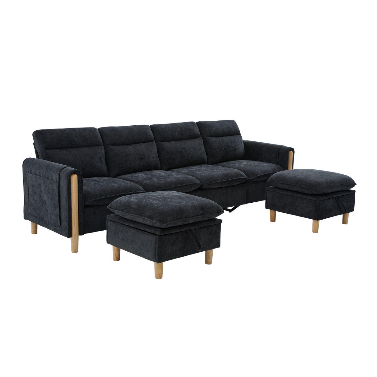 WOHNLANDSCHAFT DE-33935 modular mit Stauraumhockern Schwarz - Schwarz, Holz (77/86/261cm) - ComfortXL