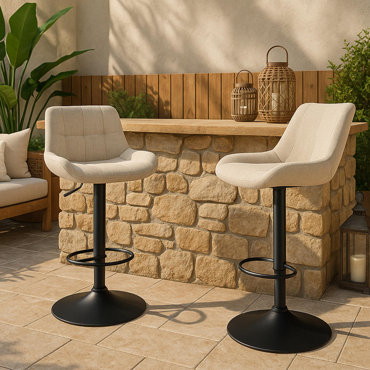BARHOCKER 2er Set Tower Stoff creme - Schwarz/Naturfarben, Textil/Metall (48/105/54cm) - TPFLiving