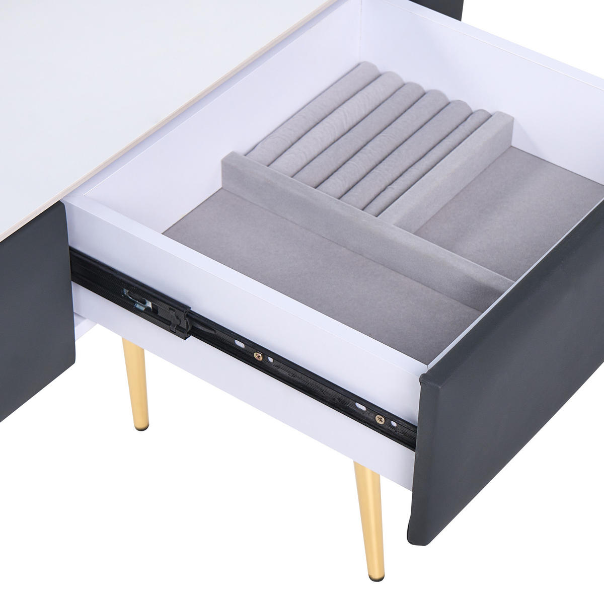 SCHMINKTISCH mit rundem LED-Spiegel Hocker 2 Schubladen grau/gold Surin - Goldfarben/Weiß, Holzwerkstoff (100/133/41cm) - Beliani