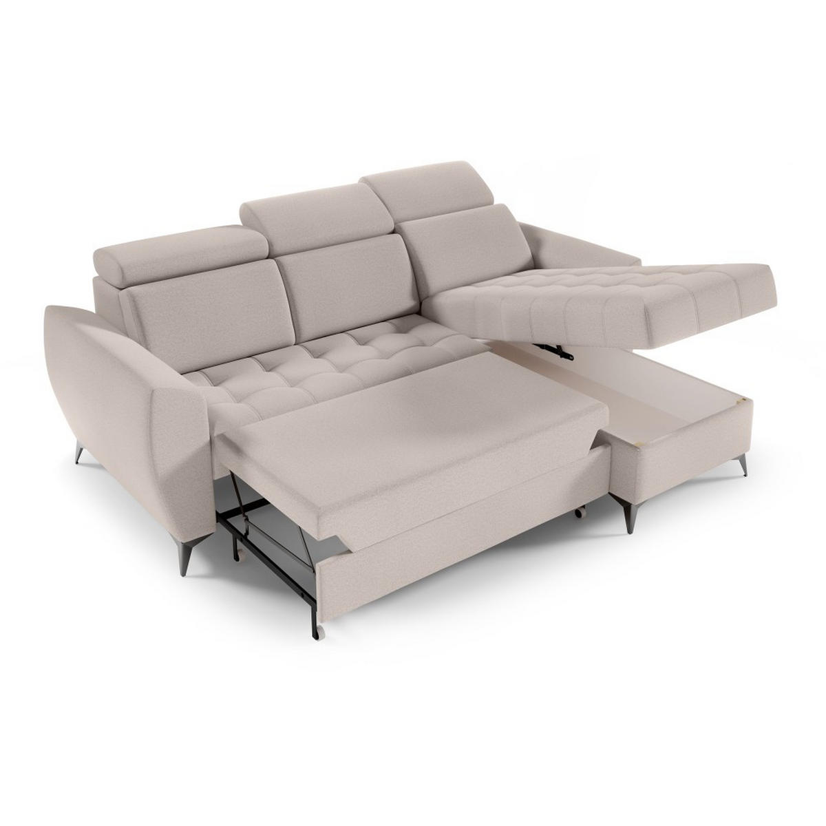 ECKSCHLAFSOFA Aurora I verstellbare Kopfstützen, Beige - Beige/Schwarz, Textil (235/176cm) - Beautysofa