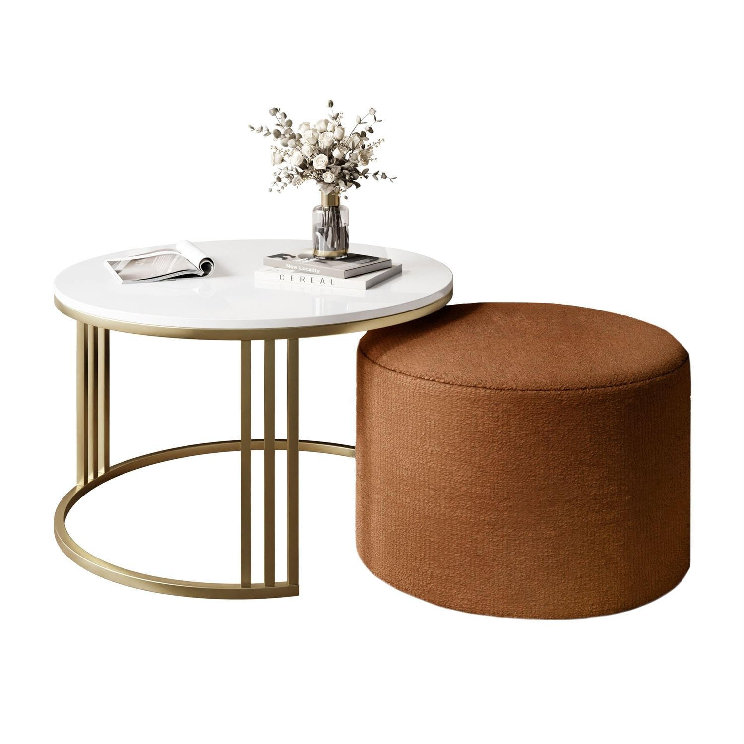 COUCHTISCH mit Hocker LORI Hochglanz gebürstetes Gold/weißer Glanz/Perfect Harmony 52 - Weiß, Metall (70/70/49cm) - Lookway