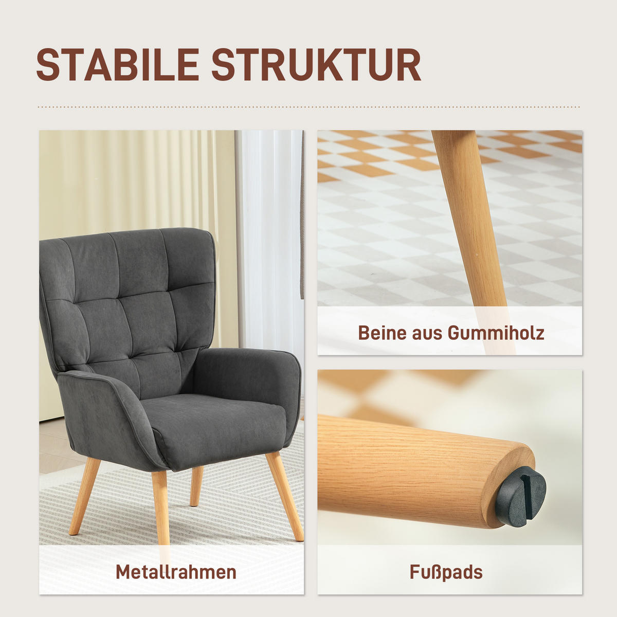 SESSEL Wohnzimmer Loungesessel Relaxsessel mit Holzbeine, Samtoptik Grau - Grau, Textil (66/100/75cm) - HOMCOM