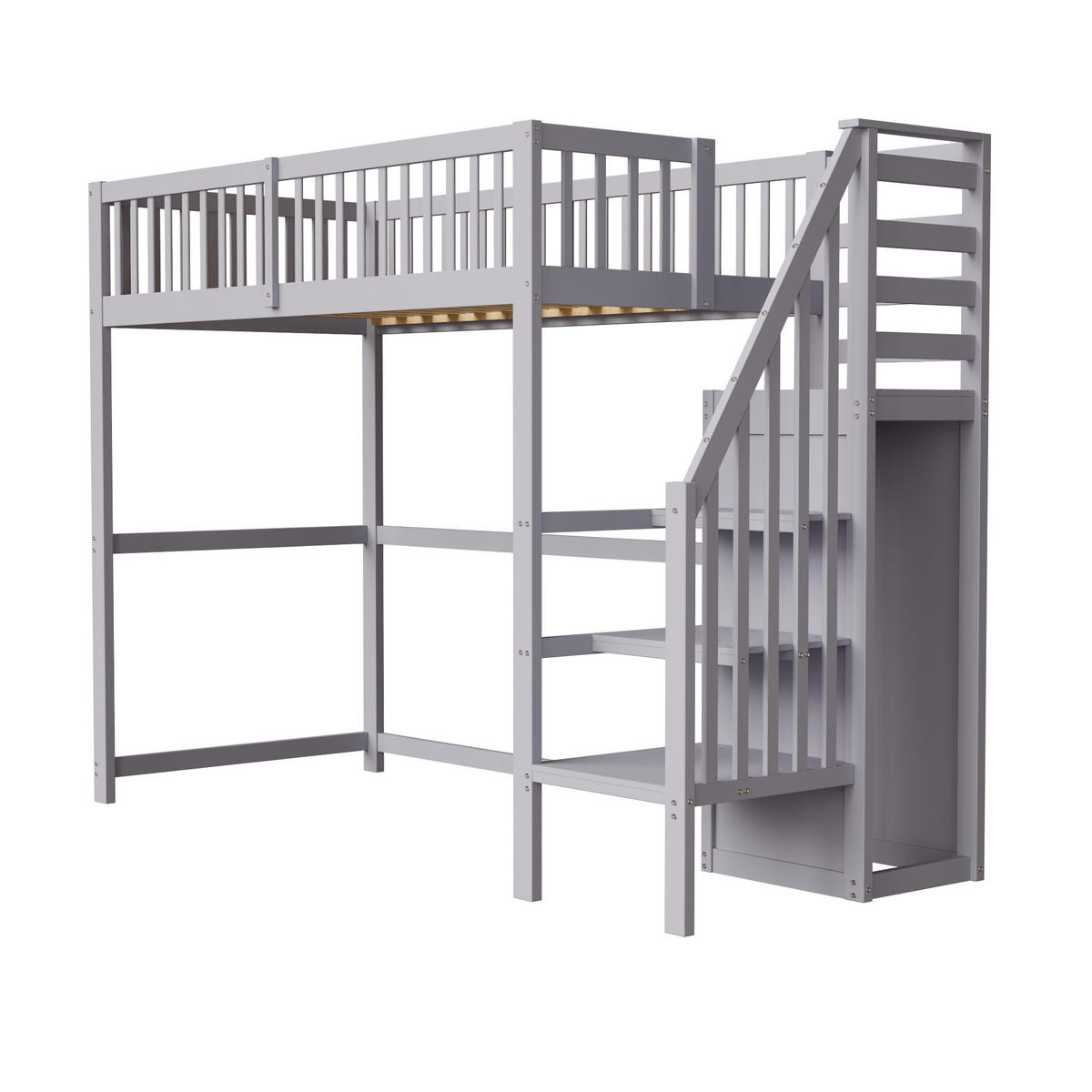 KINDERBETT aus Holz 90x200 cm in Grau mit Treppe & Kleiderschrank - Grau, Holz (90/200cm) - Modfu