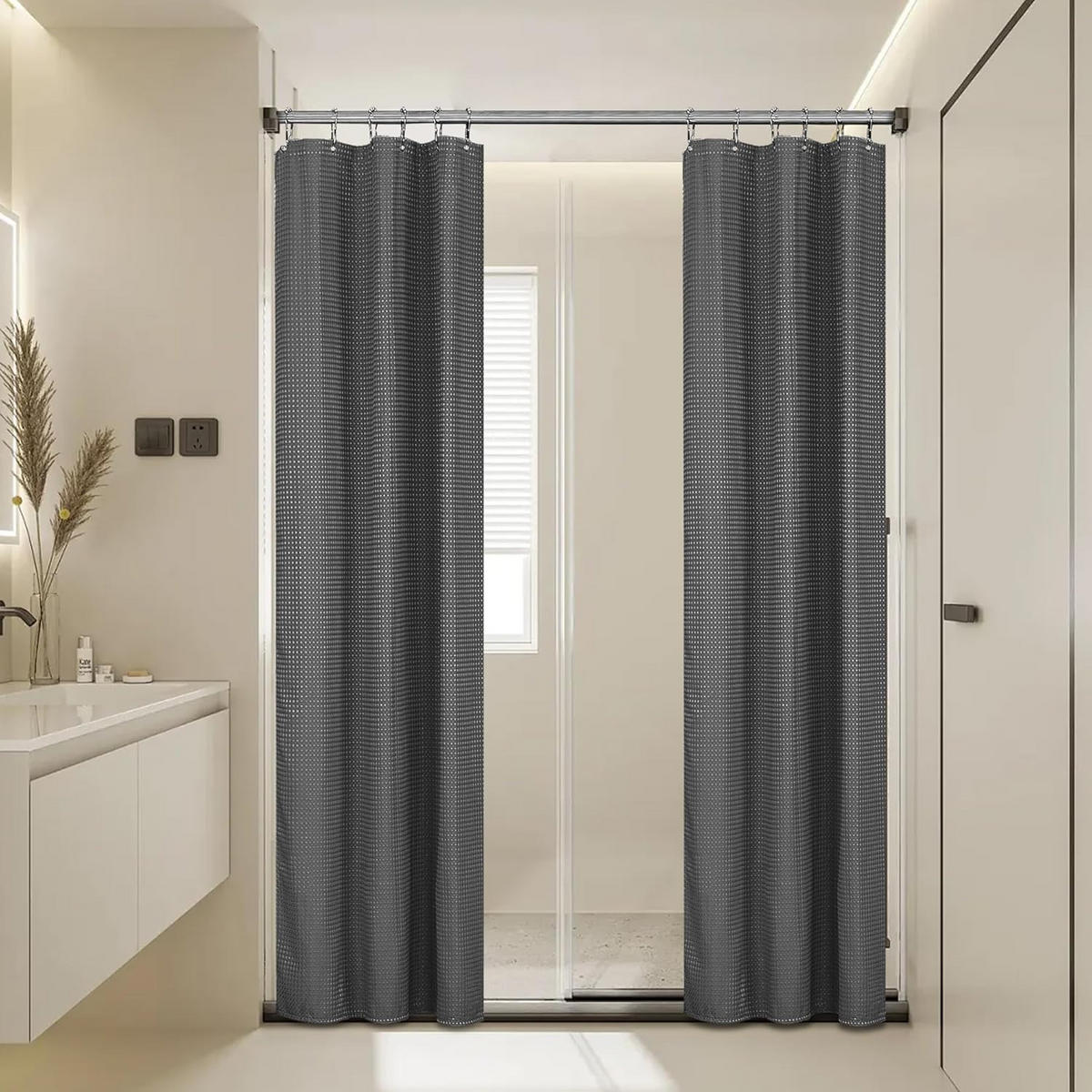 DUSCHVORHANG Grau Waffelstruktur Polyester maschinenwaschbar wasserdicht mit Haken - Grau, Textil (151/182cm) - MCBOSON