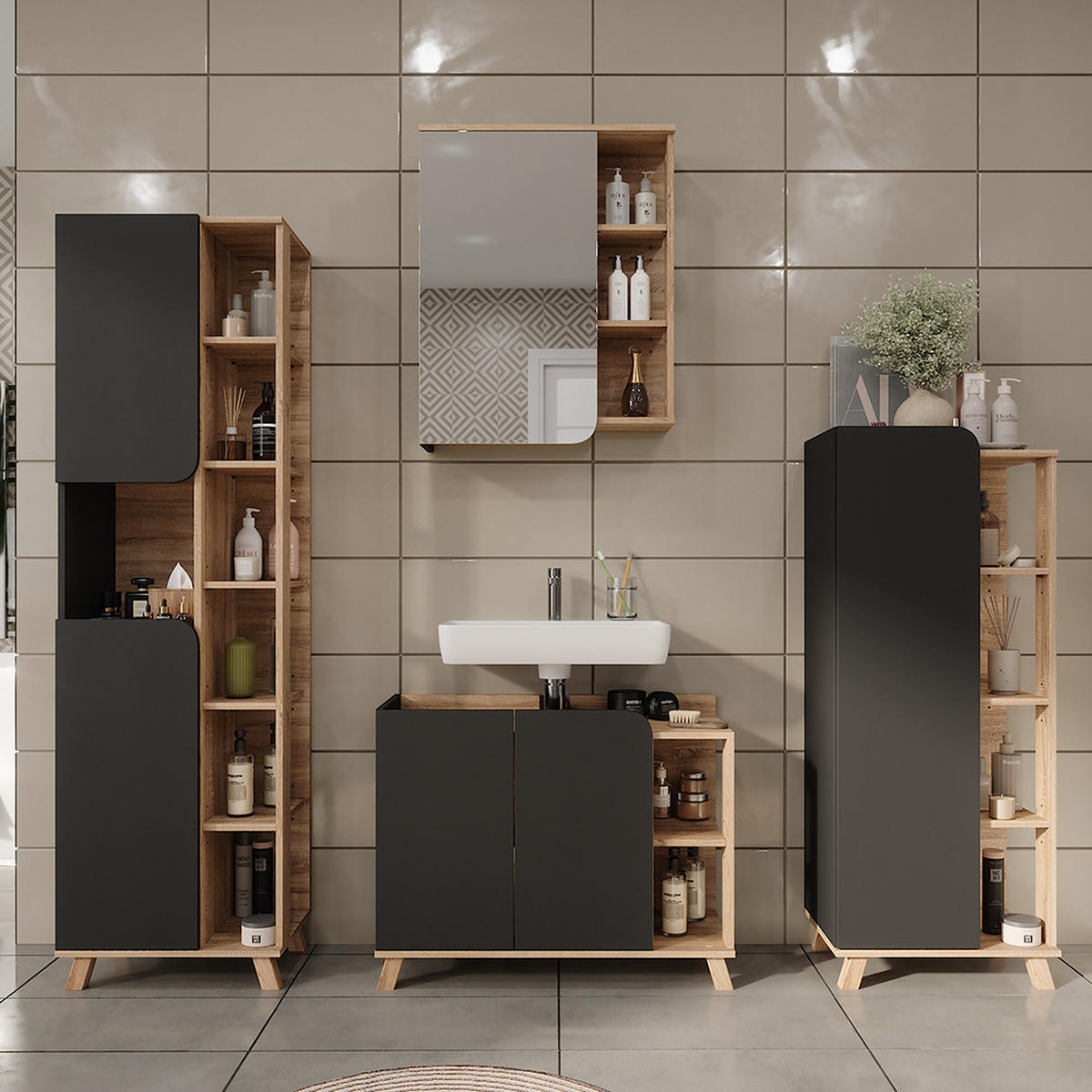 BADMÖBEL-SET Karen Sonoma/Anthrazit 4 Teile - Anthrazit, Holzwerkstoff (80/65/35cm) - Vicco