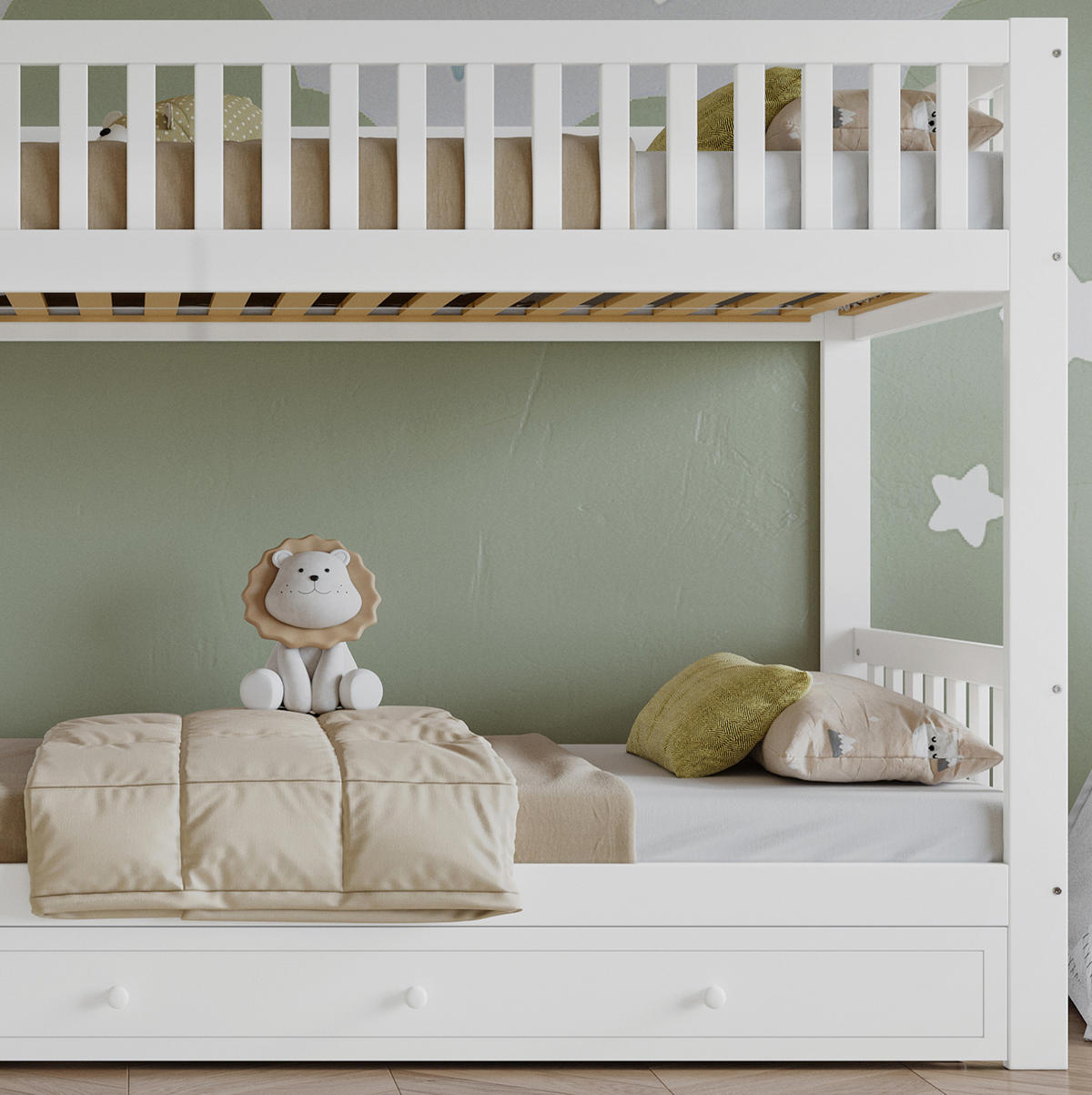 ETAGENBETT 90/200 cm aus Massivholz und MDF mit 4-stufiger Leiter und Rundum-Absturzschutz, Weiß/Natur - Weiß, Holz (90/200cm) - Redom