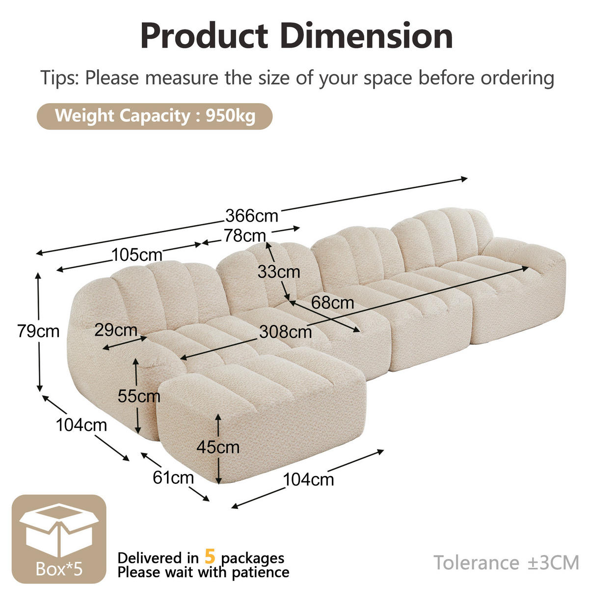 SOFA modular 4-Sitzer mit Ottoman Granulierter Fleece Beige White - Beige, Kunststoff (165/366cm) - Meubliv