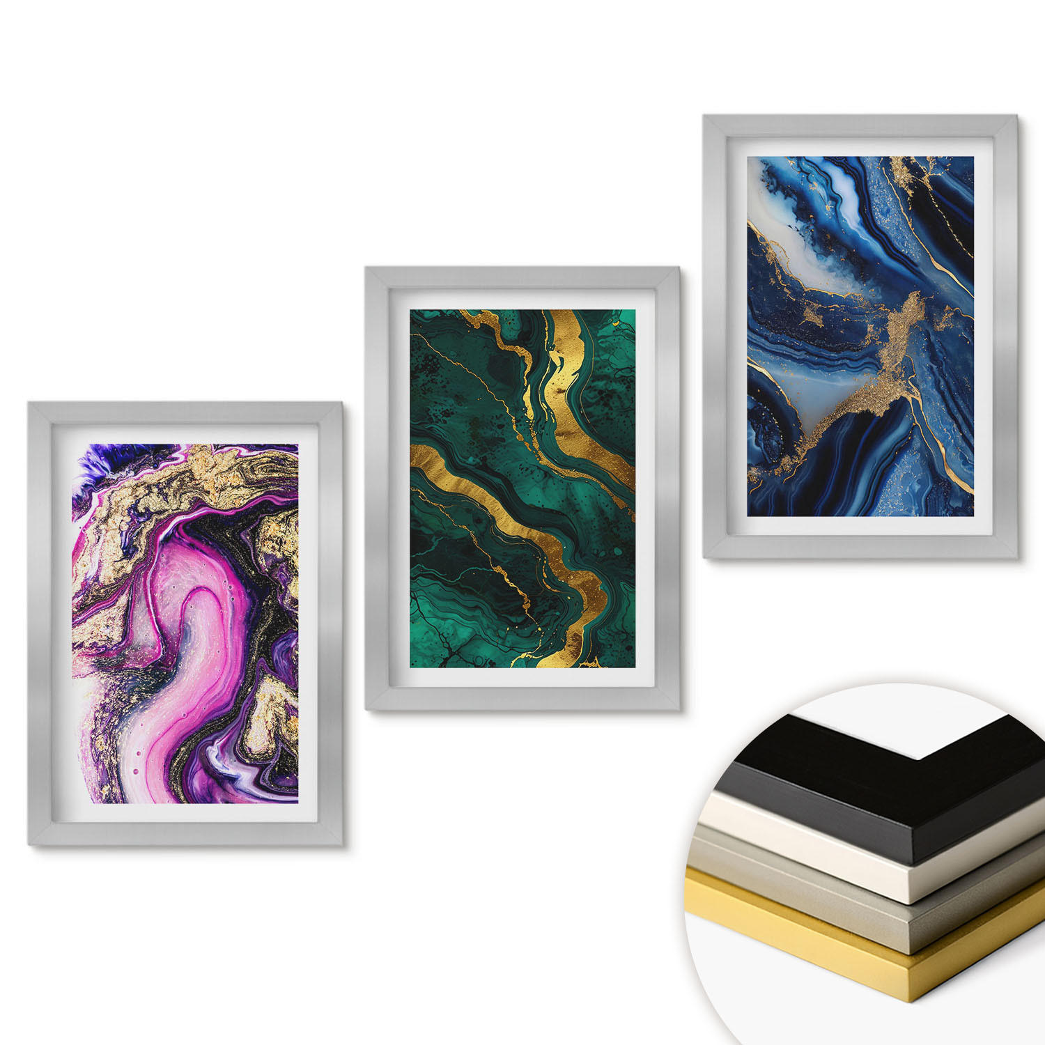 WANDBILDER 3er Set - 20x30 cm Silberner Rahmen - Abstrakte rosagrüne Muster - Silberfarben, Kunststoff (20/30cm) - ArtPrintCave