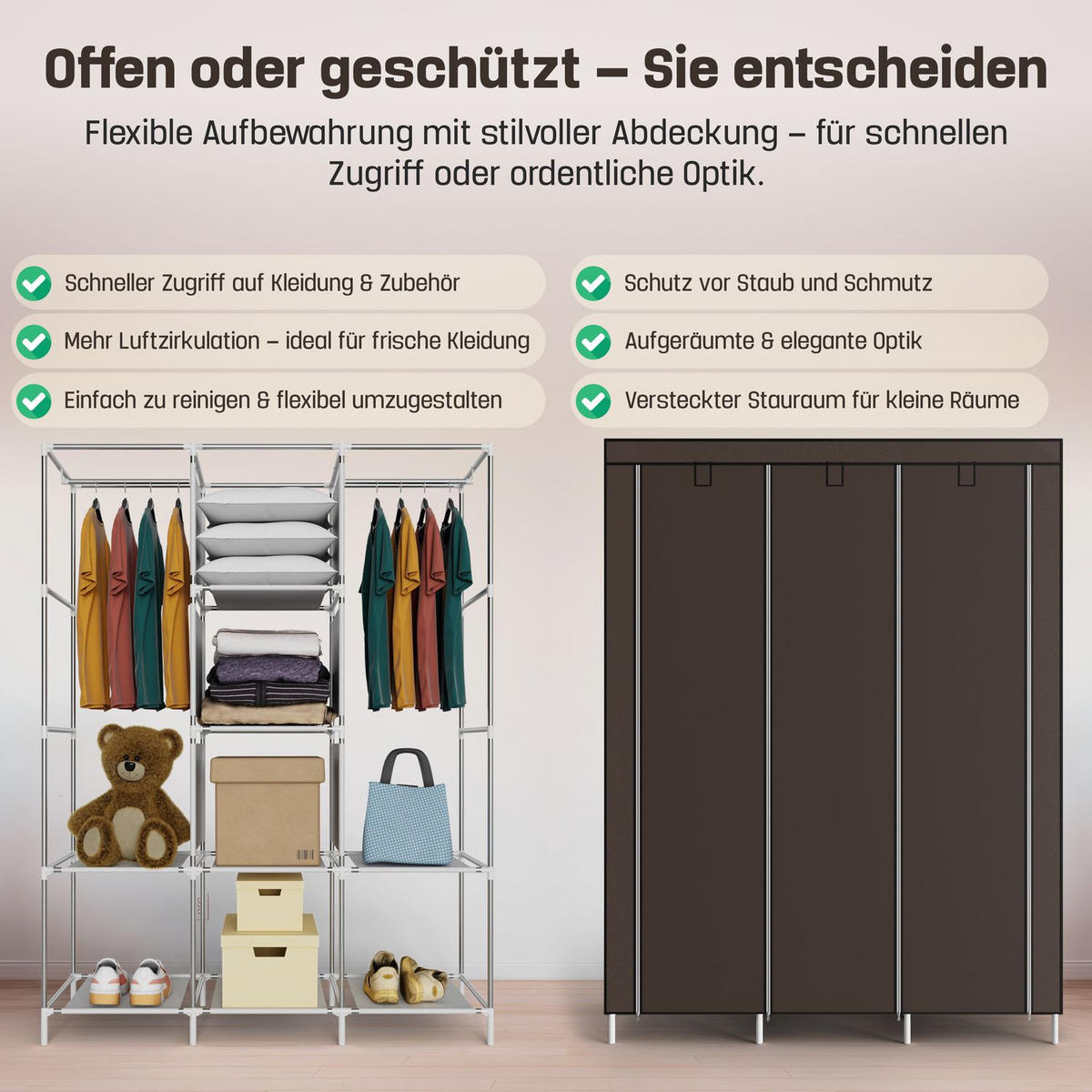 STOFFSCHRANK Kleiderschrank, 2 Kleiderstangen, 130/45/175 cm, Farbe: Braun - Braun, Textil (45/175/130cm) - Coemo