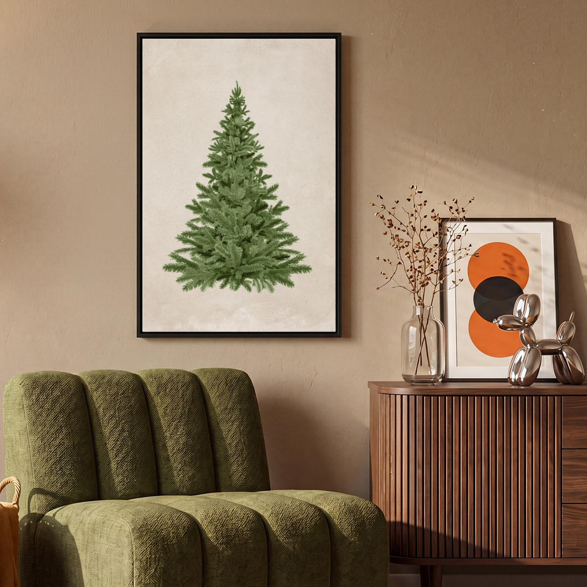LEINWAND Bilder mit Rahmen - Weihnachtsbaum - Grün - Weihnachten - Feiertage - 60x90 - Olivgrün, Textil (60/90cm) - MuchoWow