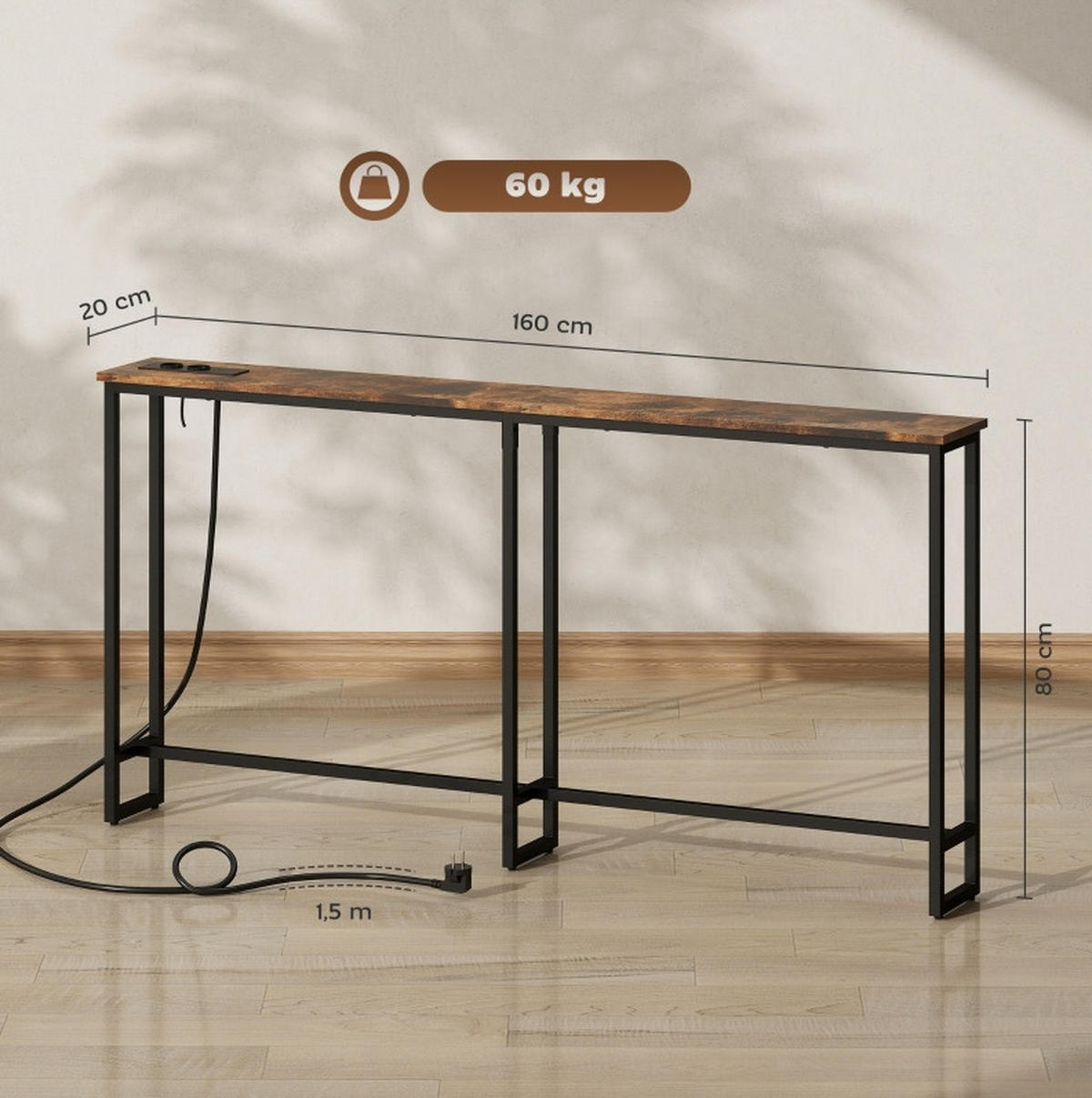 KONSOLENTISCH 160/20/80 cm braun aus Holz mit integrierter Ladestation - Braun, Holz (160/20/80cm) - OKWISH
