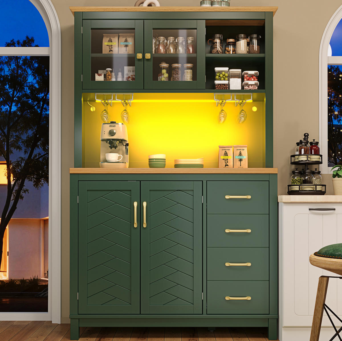 BUFFET 105,5/40/180 cm aus MDF mit LED-Lichtleiste und großem Stauraum Grün - Grün, Holzwerkstoff (105.5/180/40cm) - Modenvie