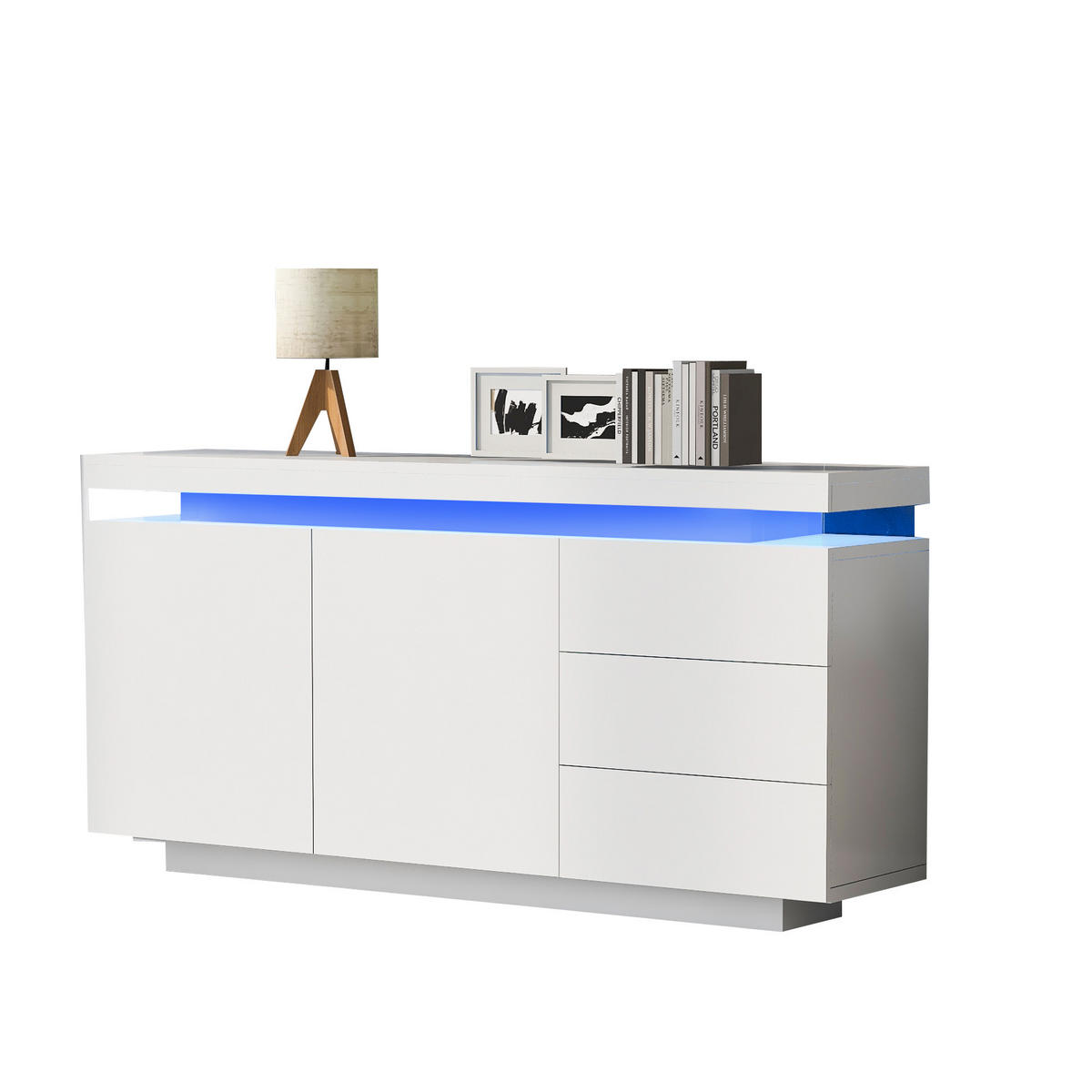 SIDEBOARD 140/35/72,5 cm, Weiß Hochglanz, 2 Türen und 3 Schubladen, integrierte LED, grifflose Optik, Weiß - Weiß, Holzwerkstoff (140/72.5/35cm) - Redom