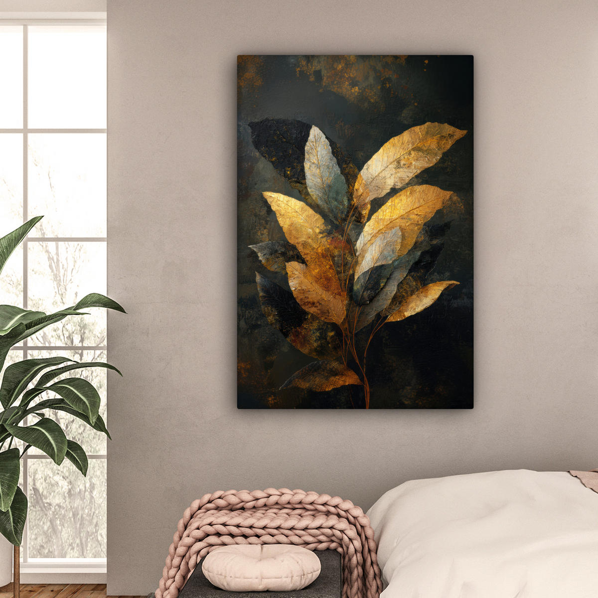 LEINWANDBILD Golden Leaf Komposition - Botanical Luxury Deko XXL 80x120 cm - Goldfarben/Schwarz, Textil (80/120cm) - MuchoWow