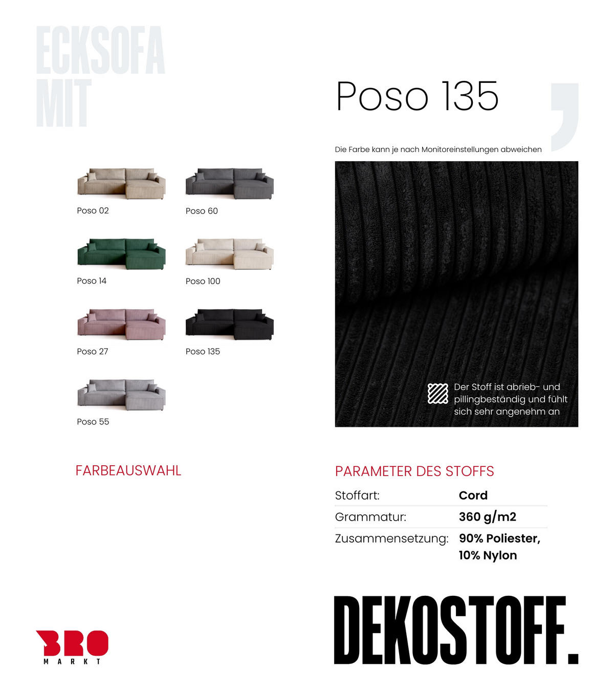 ECKSOFA ADI XL mit Schlaffunktion Schwarz Cord - Schwarz, Textil (272/143cm) - Bromarkt