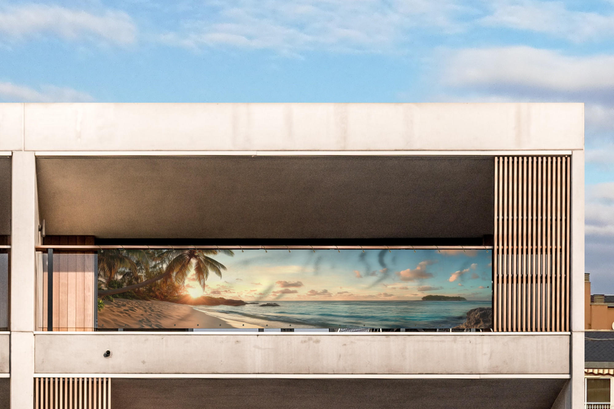 BALKON-SICHTSCHUTZ Strand - Palmen - Meer - Sonnenuntergang 500x100 cm - Samtahornfarben, Kunststoff (500/100cm) - MuchoWow