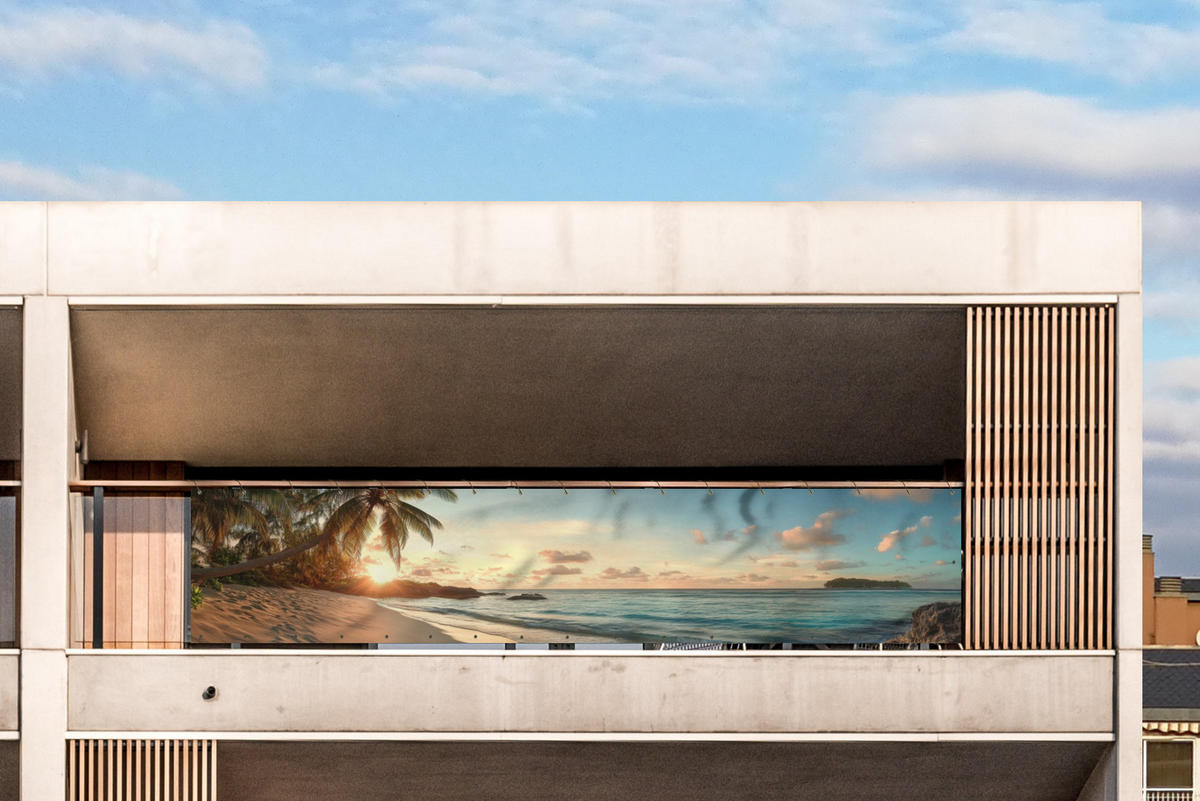 BALKON-SICHTSCHUTZ Strand - Palmen - Meer - Sonnenuntergang 500x100 cm - Samtahornfarben, Kunststoff (500/100cm) - MuchoWow
