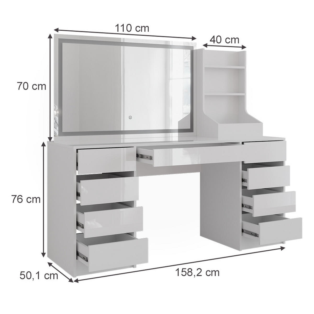 SCHMINKTISCH Sherry Weiß/Weiß Hochglanz 158.2 cm 3 Teile - Weiß Hochglanz, Holzwerkstoff (158.2/76/50.1cm) - Vicco