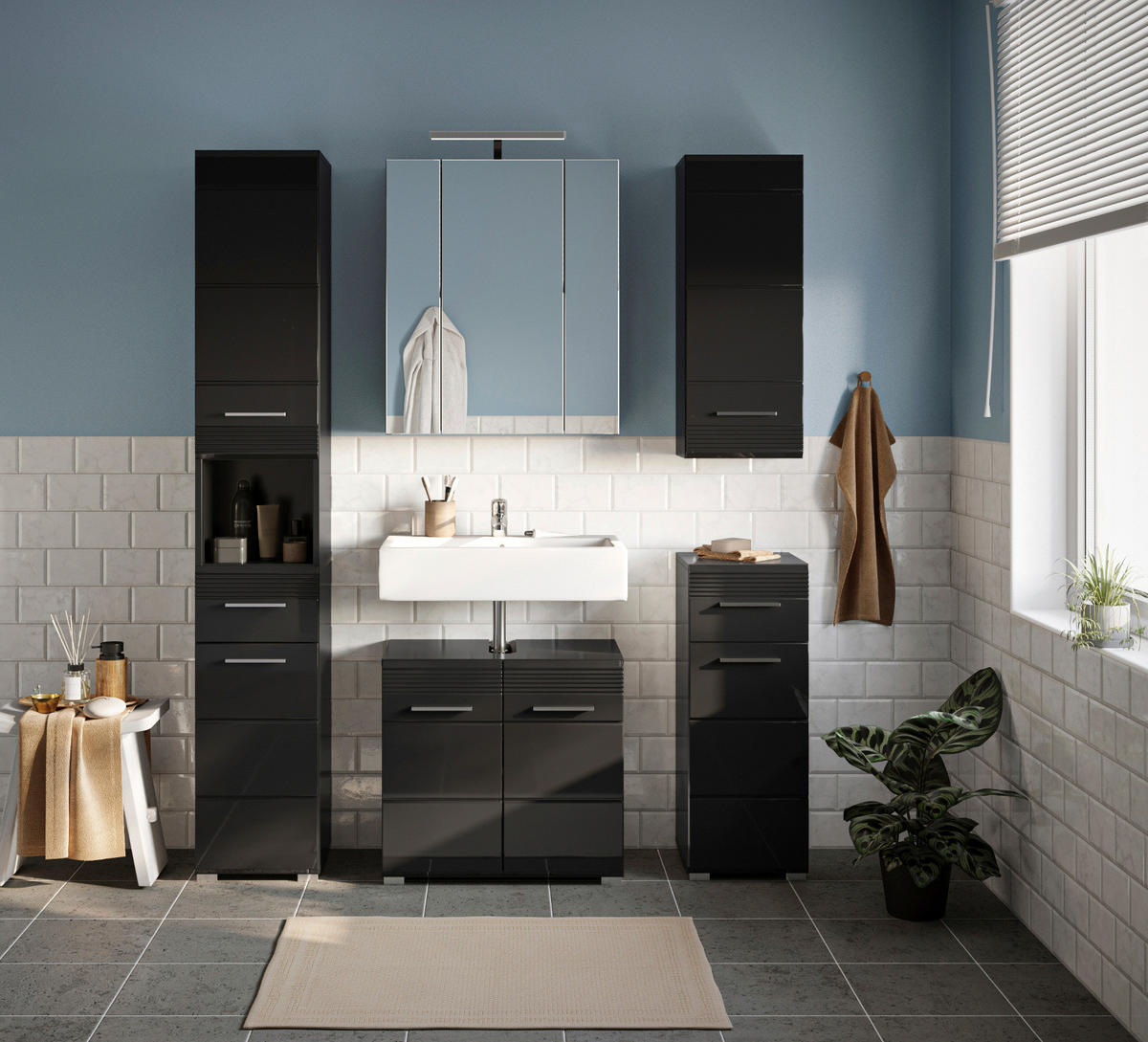 BADMÖBEL-SET in schwarz Hochglanz, 5-teilig 150 cm, Badkombination - Schwarz, Glas/Holzwerkstoff (150/182/34cm) - Inn.Furn