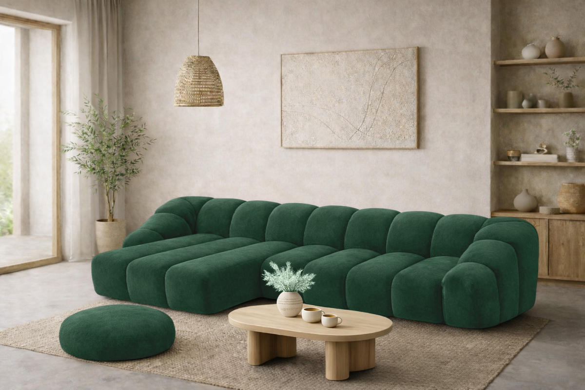 ECKSOFA Modulare L-Form, Veloursstoff Bluvel, Grün, Links, CROISSANT XL - Grün, Holz (340/190cm) - Kaiser Möbel