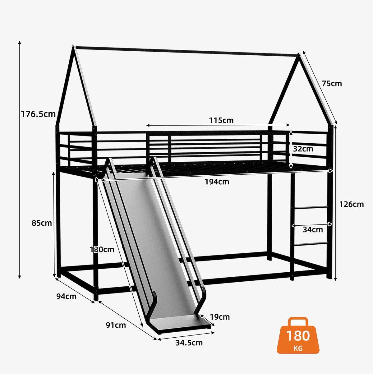 ETAGENBETT mit Rutsche und Spielhausdesign Eisen Schwarz - Schwarz, Holzwerkstoff (90/190cm) - Beauniv