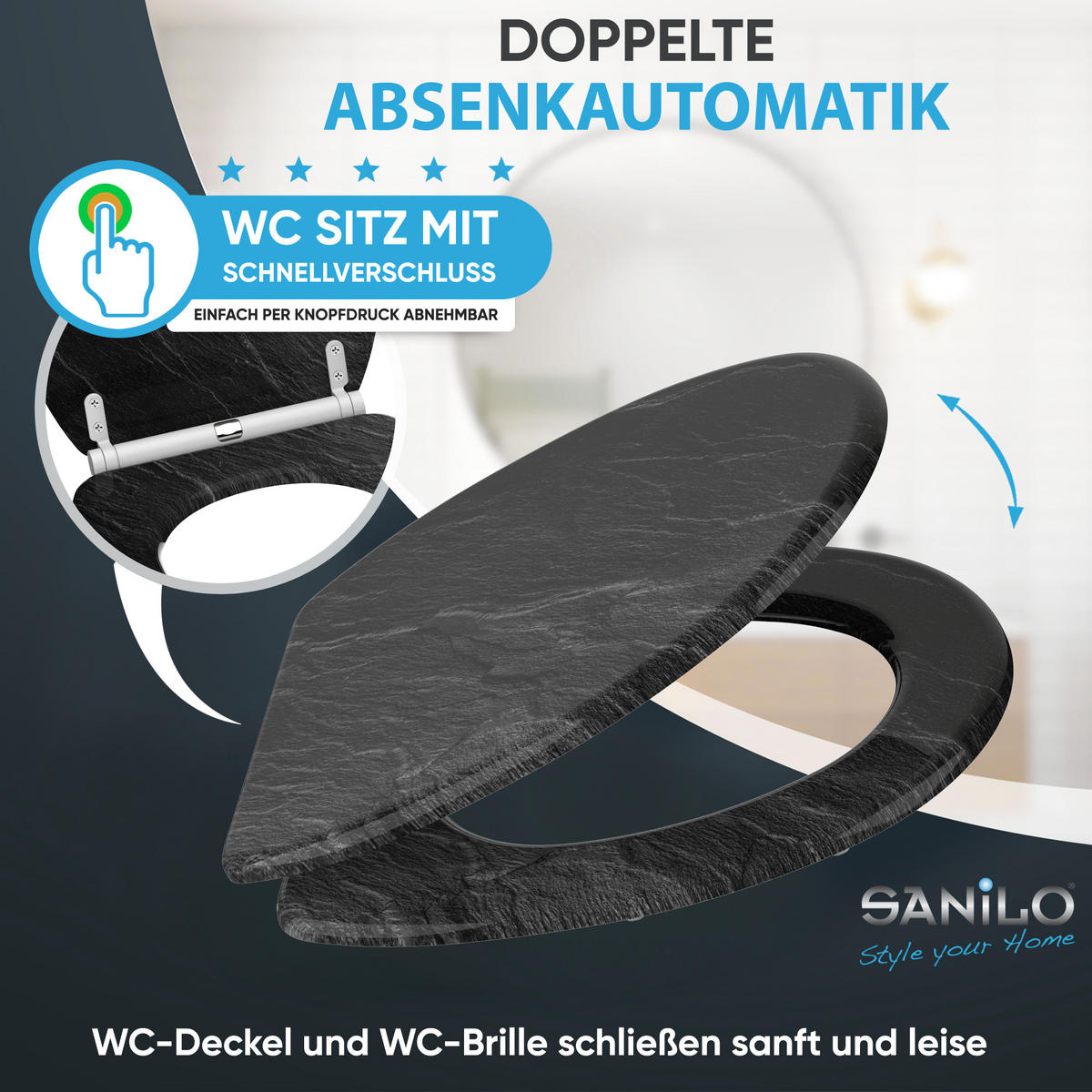 WC-SITZ mit Absenkautomatik & Top Fix Granit - Schwarz, Holzwerkstoff (37.7/5.5/48cm) - Sanilo