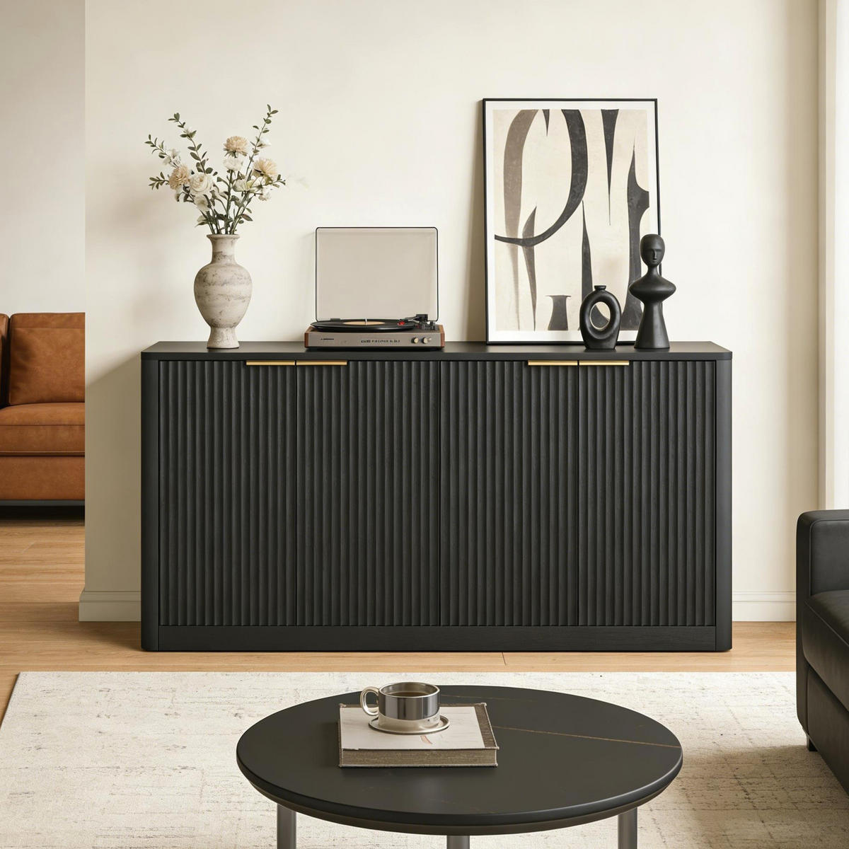 SIDEBOARD 150/40/70,5 cm mit 4 Türen in Schwarz mit Wellenfront - Schwarz, Holzwerkstoff (150/70.5/40cm) - BEAOK