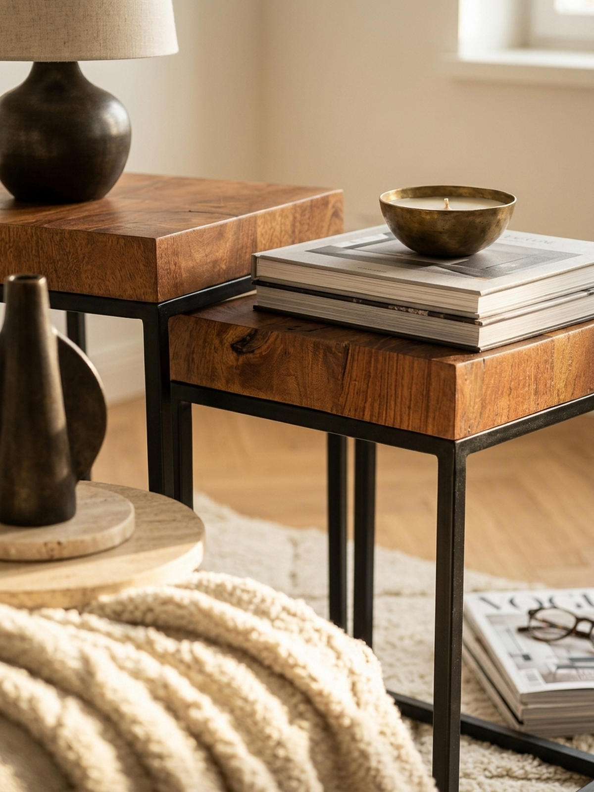 BEISTELLTISCH Set – 2-teilig Massivholz Metall handgefertigt Industrial - Schwarz/Braun, Holz/Metall (30/30/60cm) - KADIMA DESIGN