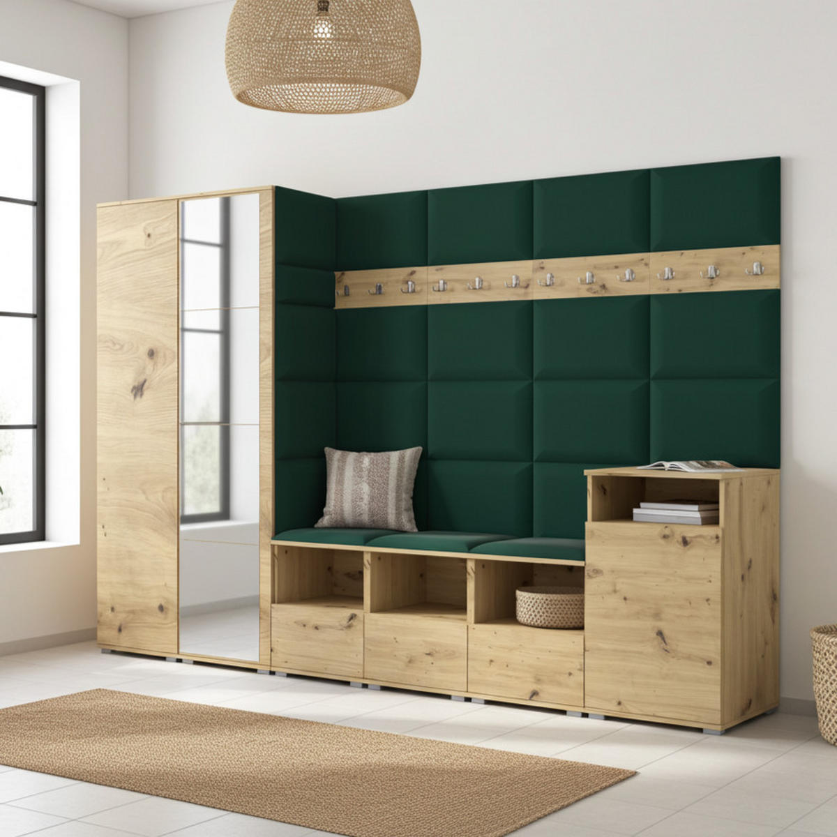 GARDEROBE NELA XII 300 cm (Modulare Flurmöbel Artisan Eiche mit Spiegel & Sitzpolster Flaschengrün 28 Gigantisches Set) - Dunkelgrün/Silberfarben, Holz/Holzwerkstoff (300/187/40cm) - Ravio