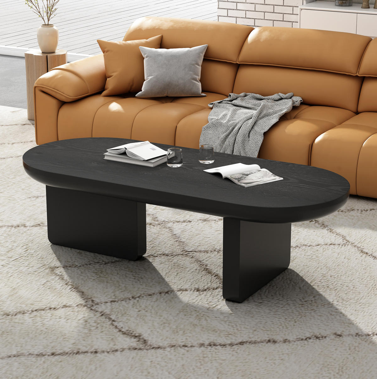 COUCHTISCH 119,7/49,8/35,5 cm Schwarz aus MDF mit ovaler Platte - Schwarz, Holzwerkstoff (49.8/119.7/35.5cm) - OKWISH