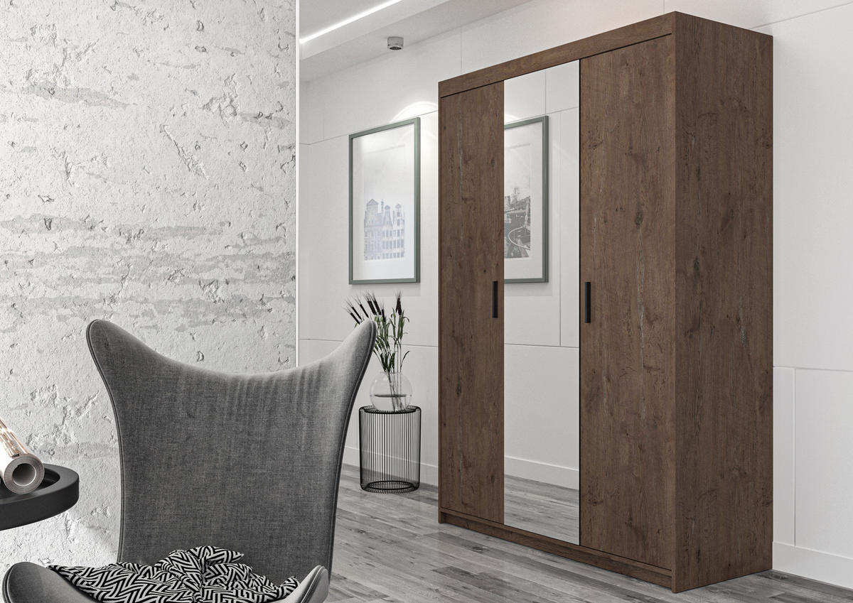KLEIDERSCHRANK Storicos Eiche Lefkas 133/190,5/53 cm - Modern mit Spiegel 3-türig - Braun, Holzwerkstoff/Kunststoff (133/190.6/53cm) - AX Living