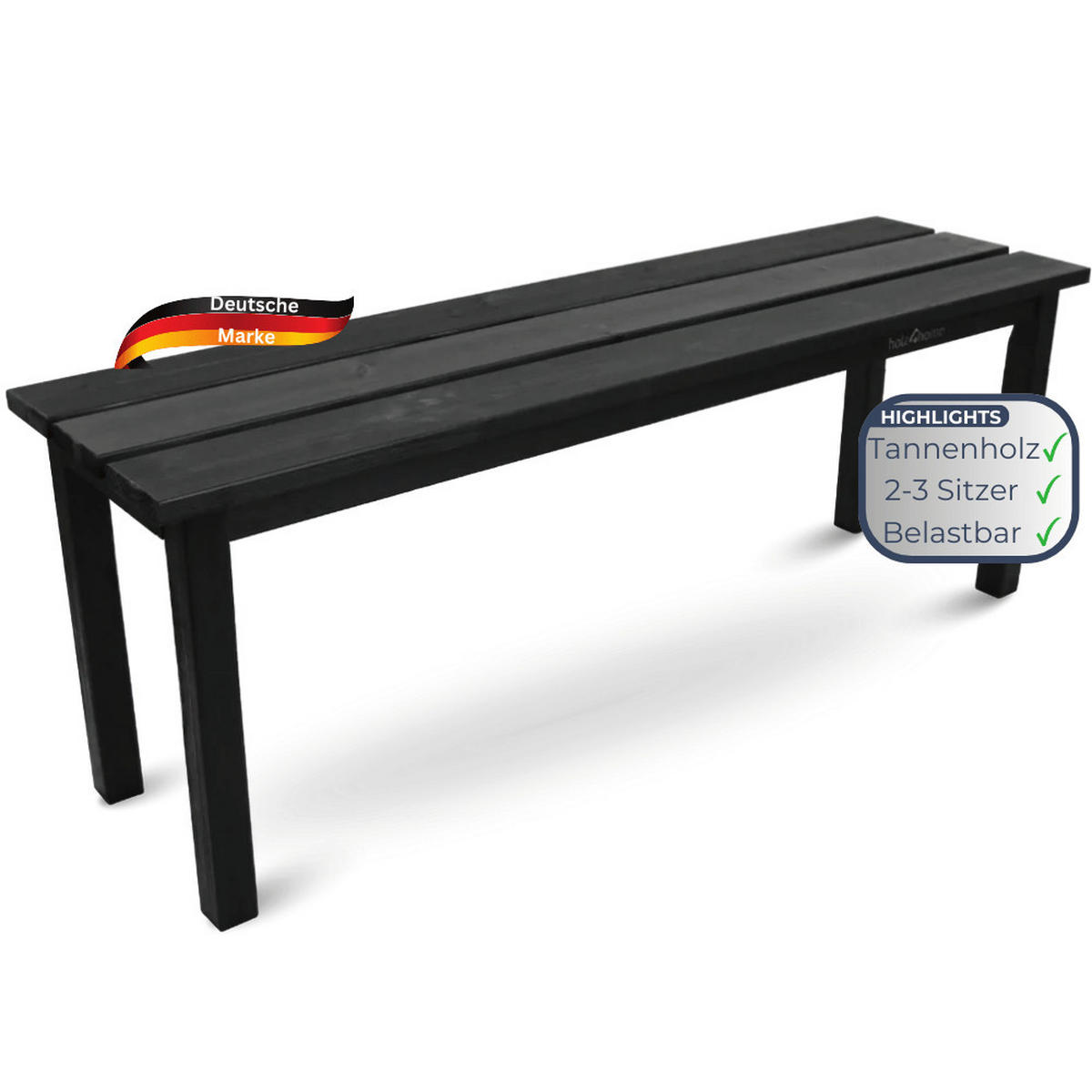 GARTENBANK wetterfest Holz LYDIA 3 Sitzer Schwarz - Schwarz, Holz (118/43.5/33cm) - DELUKE