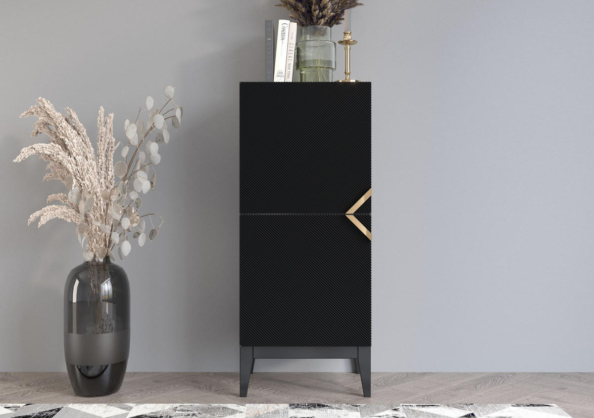 HIGHBOARD Demi 2D High, Schwarz-Gold, Mit Gefrästen Fronten, Massive Buche - Schwarz, Holz/Holzwerkstoff (50.5/120.5/42cm) - Visby