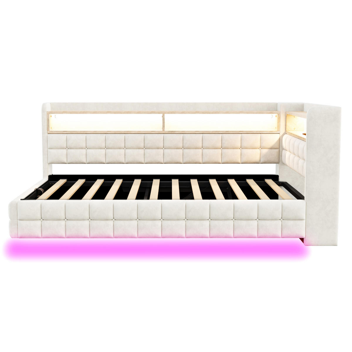 SCHLAFSOFA 90x200 cm in Beige mit hydraulischem Stauraum, LED und Ladeanschlüssen - Beige, Textil (90/200cm) - IVMEU