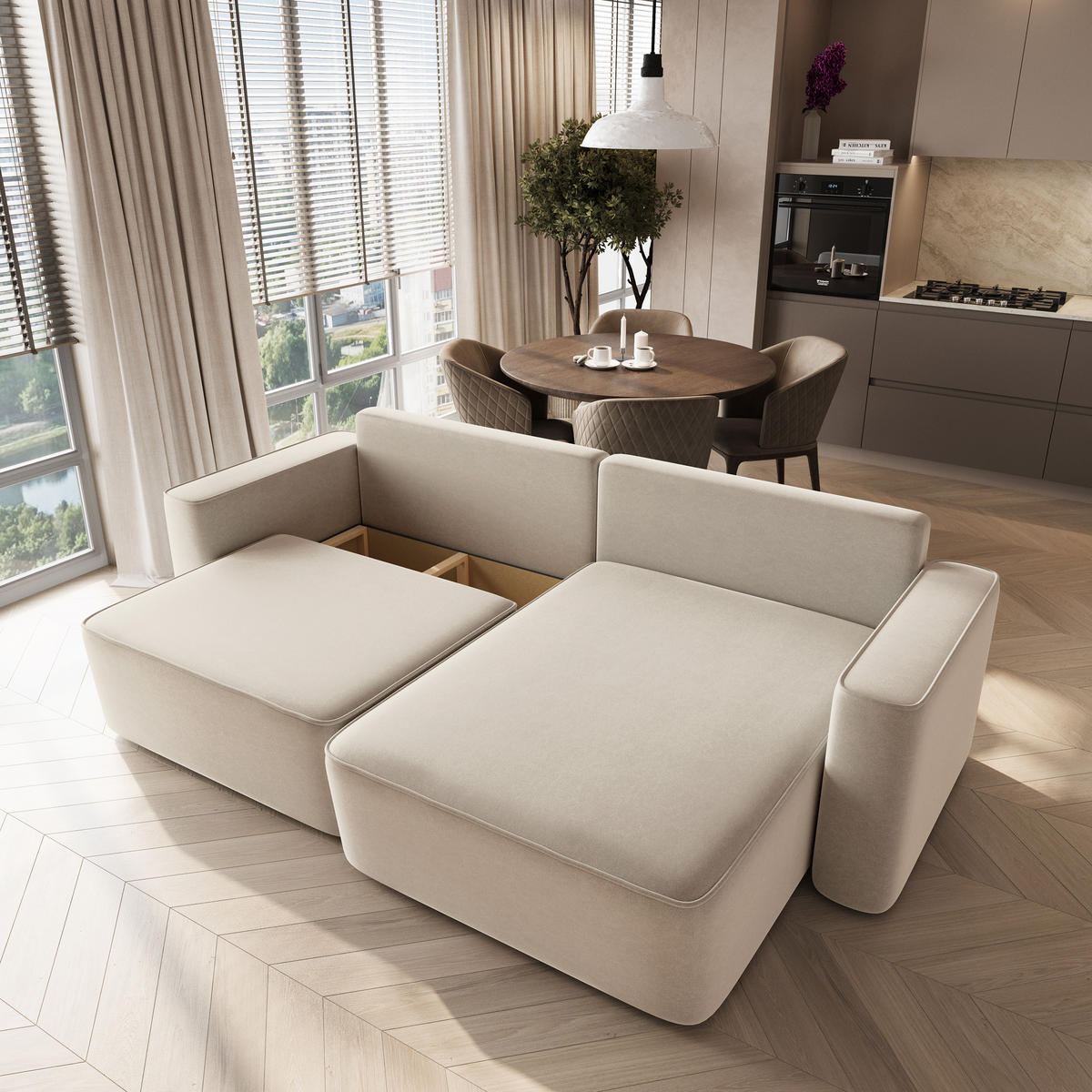 ECKSOFA BELISE CL Creme Veloursstoff mit Schlaffunktion - Creme, Holz/Textil (252/162cm) - MASSENO