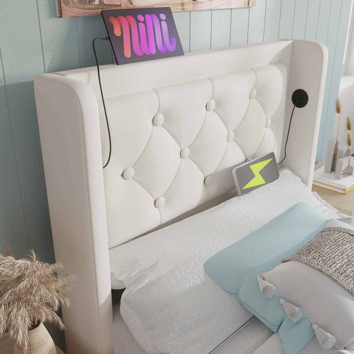 POLSTERBETT 90/200 cm Weiß PU mit hydraulischem Stauraum und LED-Beleuchtung Mit Matratze - Weiß, Kunststoff (90/200cm) - OKWISH