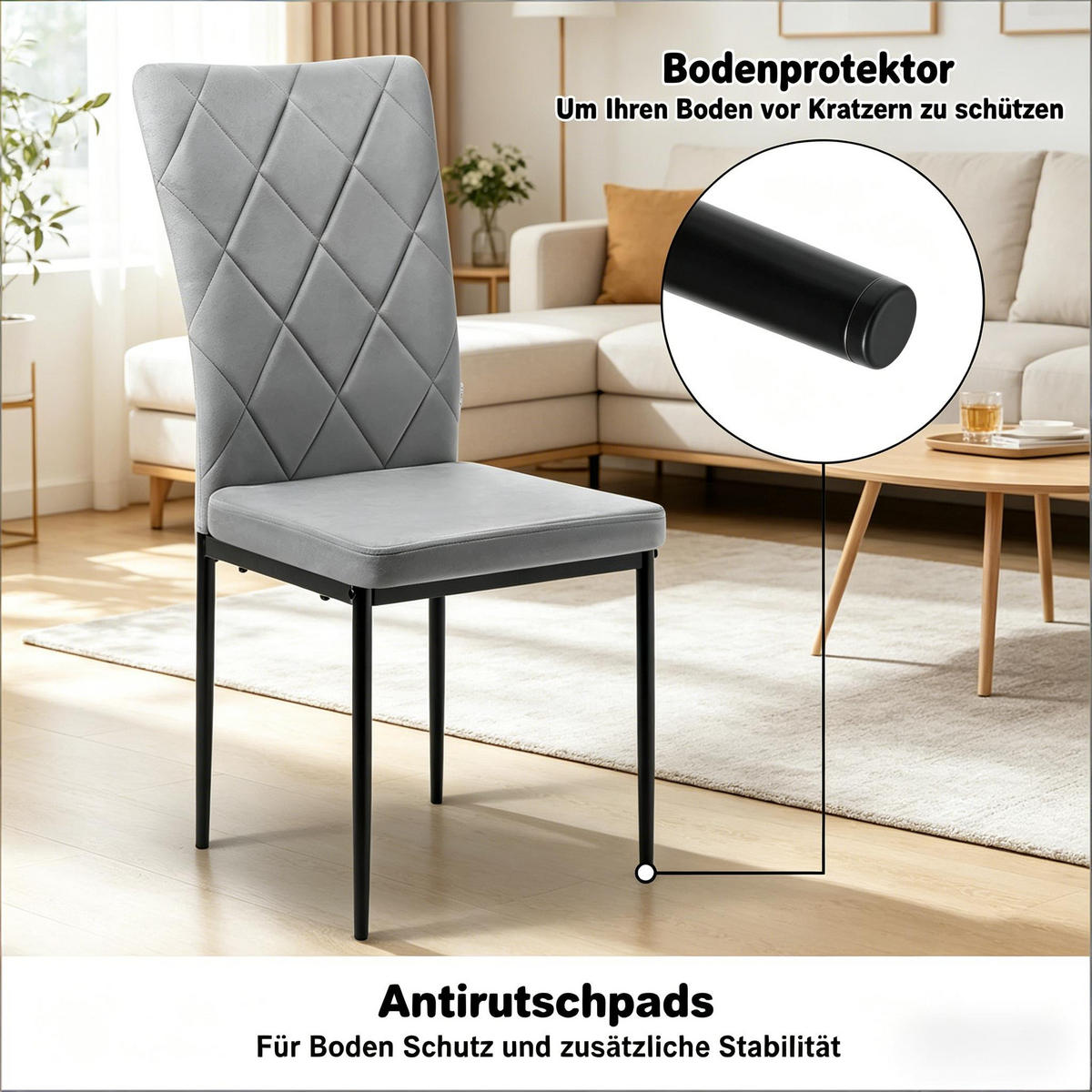 STUHL-SET DE-36119 4 Stück mit Samtbezug Dunkelgrau - Dunkelgrau, Metall (42.5/94.5/40cm) - ComfortXL