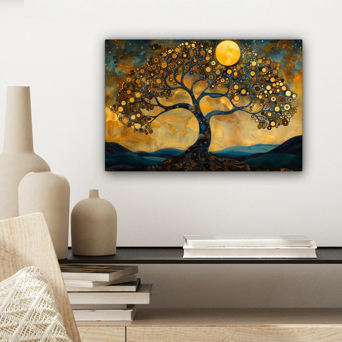 LEINWANDBILD Baum - Mond - Blumen - Gold - Kunst 30x20 cm - Orange, Textil (30/20cm) - MuchoWow