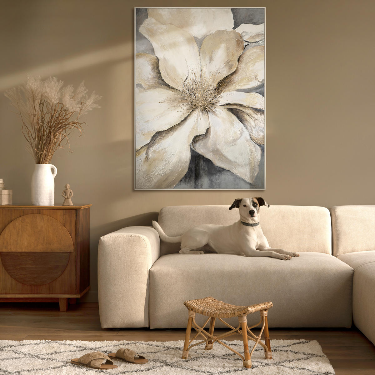 GEMÄLDE Goldene Blüte Schattenfugenrahmen Beige 140x100 cm - Beige, Holz (140/100cm) - YS-art gallery