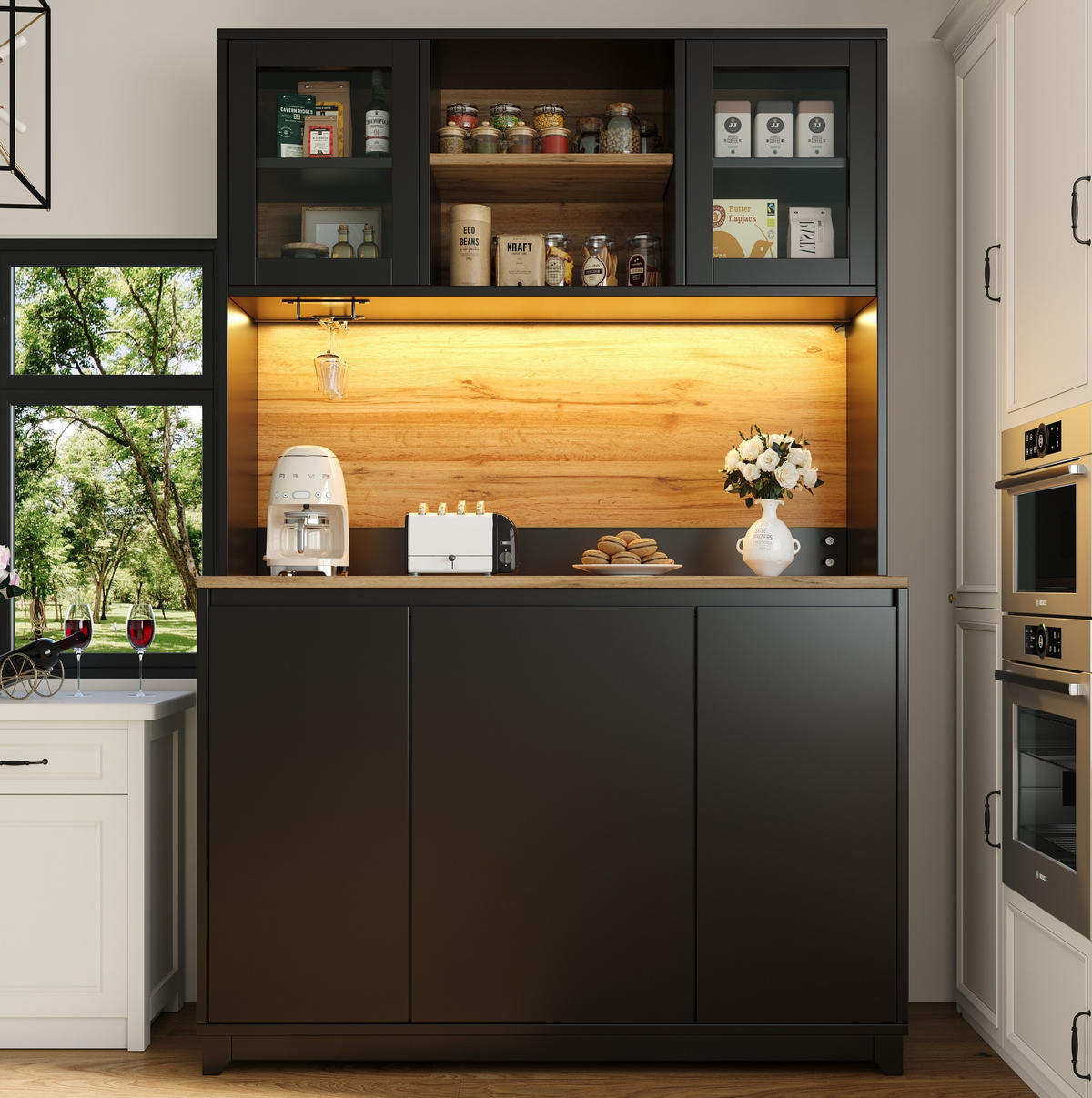BUFFET 120/40/180 cm schwarz aus MDF mit LED - Schwarz, Holzwerkstoff (120/180/40cm) - OKWISH